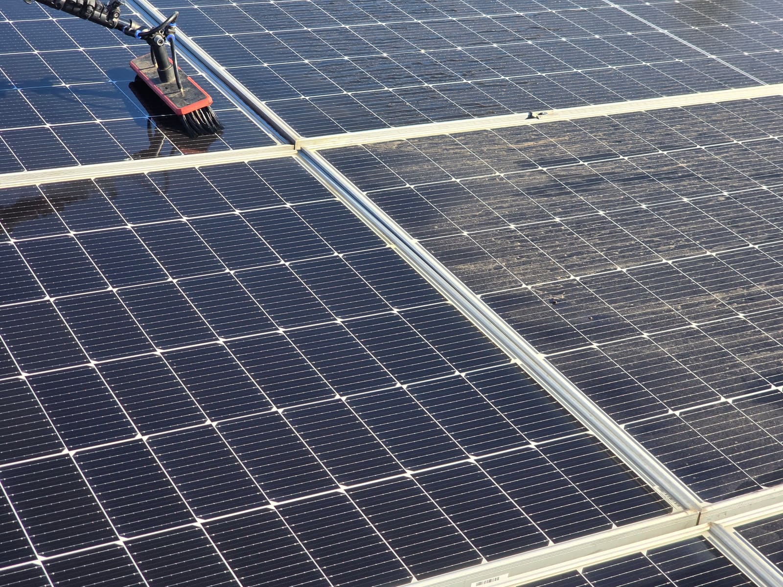 Close-up of a solar panel mid-clean, dirty on one side and spotless on the other